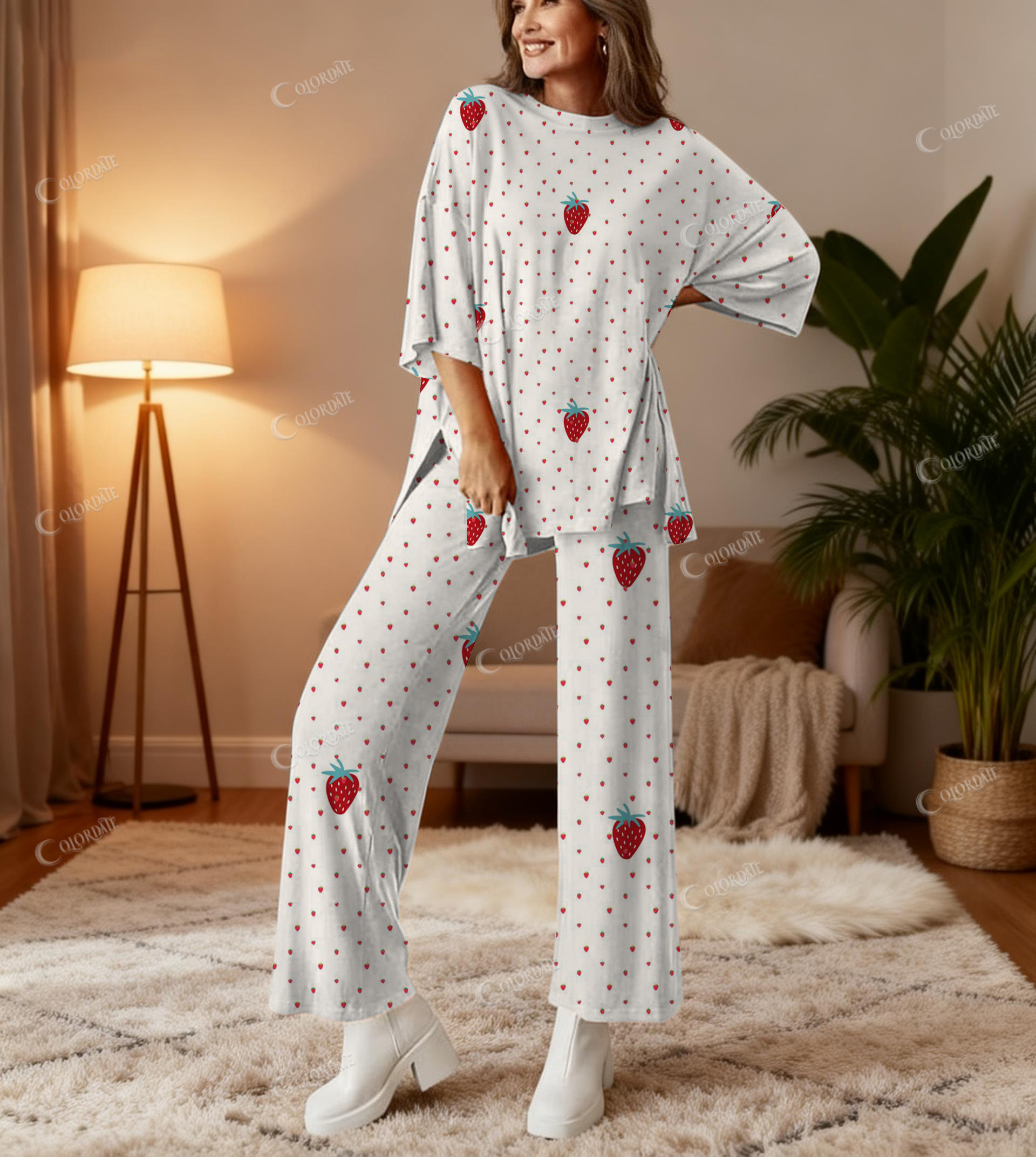 Cute Strawberry Print Bamboo-Soft Lounge Set Pants