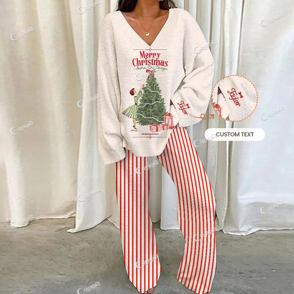 Custom Retro Girls And Christmas Tree Prints Loungewear Set For Women