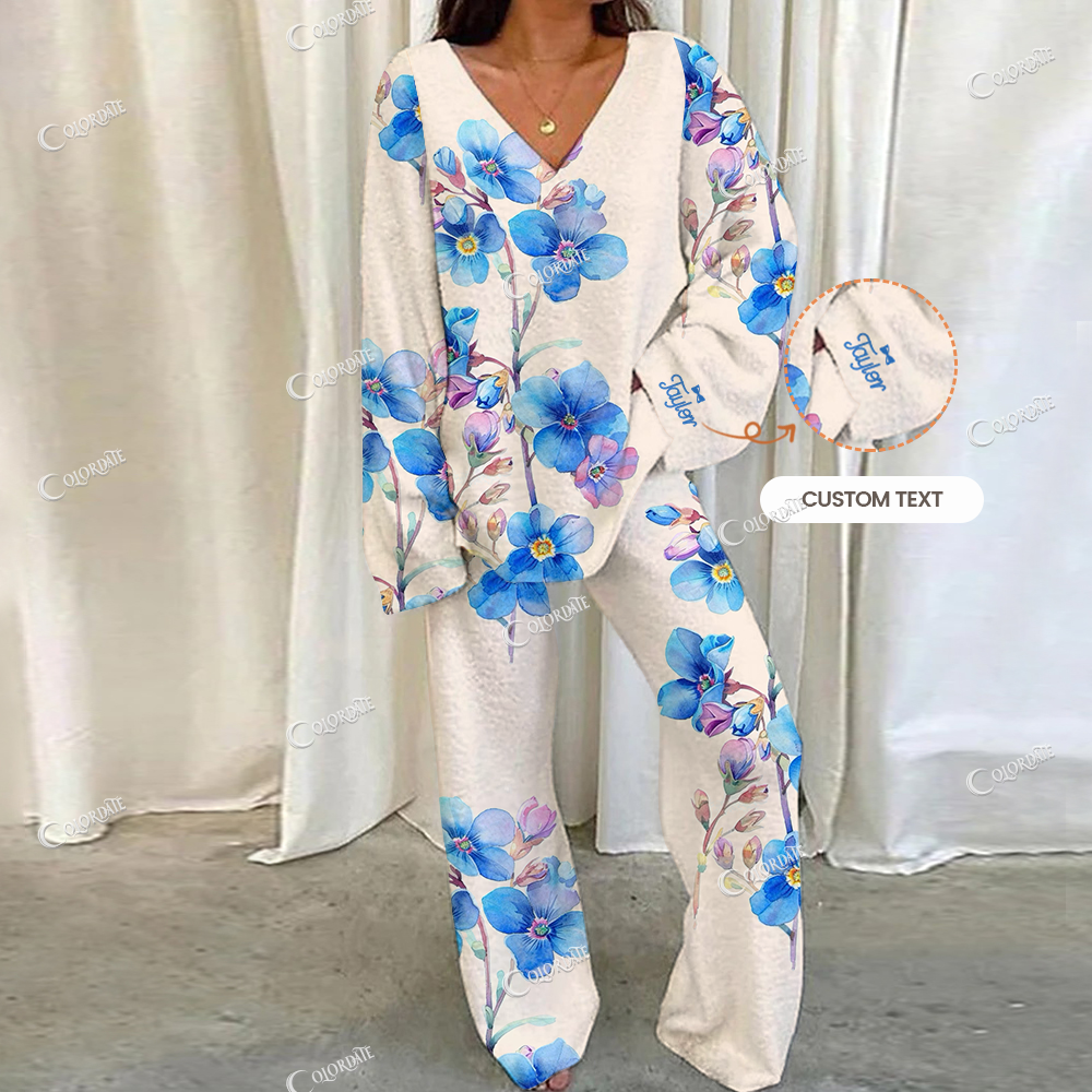 Custom Blue Flower Prints Loungewear Set For Women