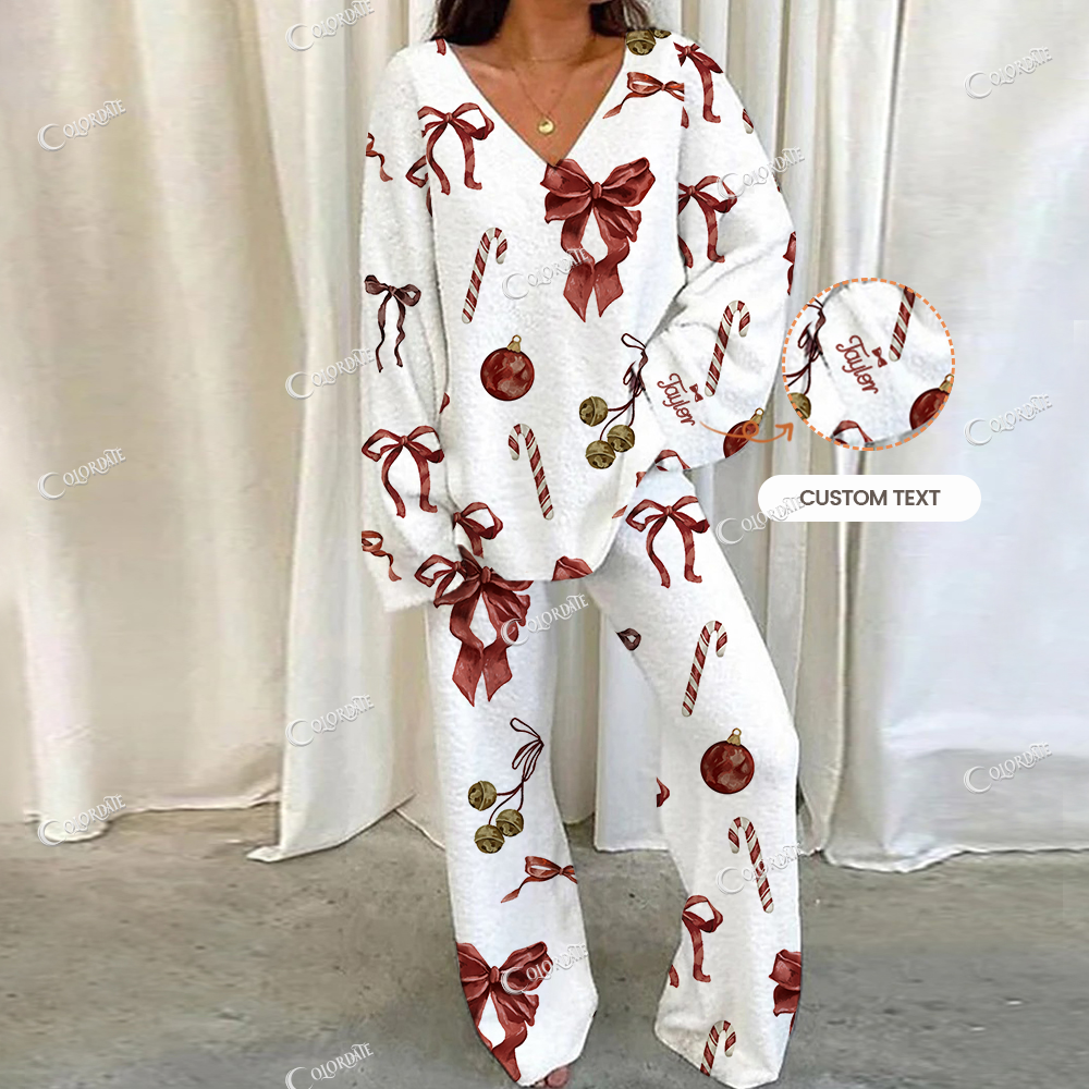 Custom Bows And Christmas Patterns Prints Loungewear Set For Women