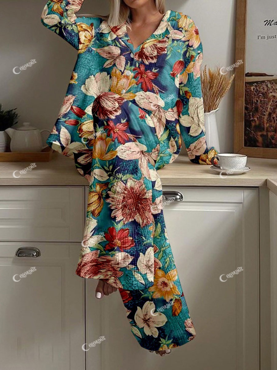 Women's Floral Art Print Comfortable Loose Homewear Set