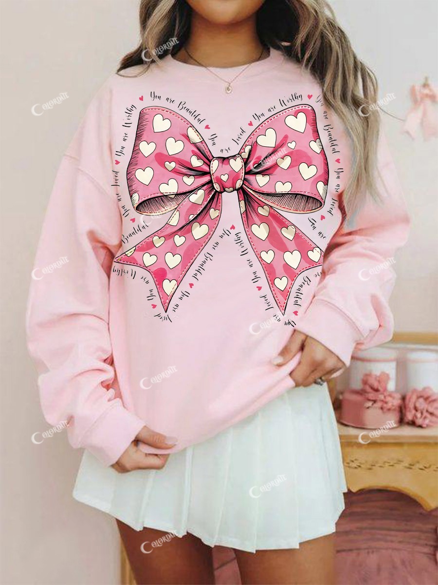 Women's Pink Valentine's Day Heart Bow Printed Crew Neck Sweatshirt
