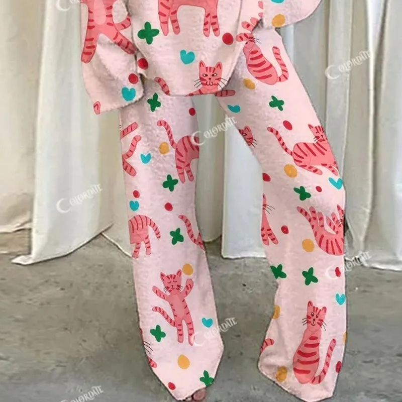 Pink Casual Cartoon Cat Print Loungewear Set For Women