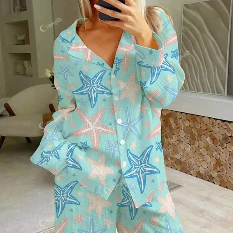 Colordate Women's Starfish Print Cotton Cardigan Homewear Set