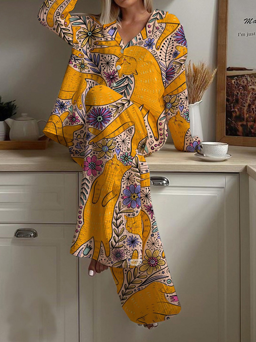 Women's Sunshine Cat Stretch Printed Lapel Neck Pajama Set