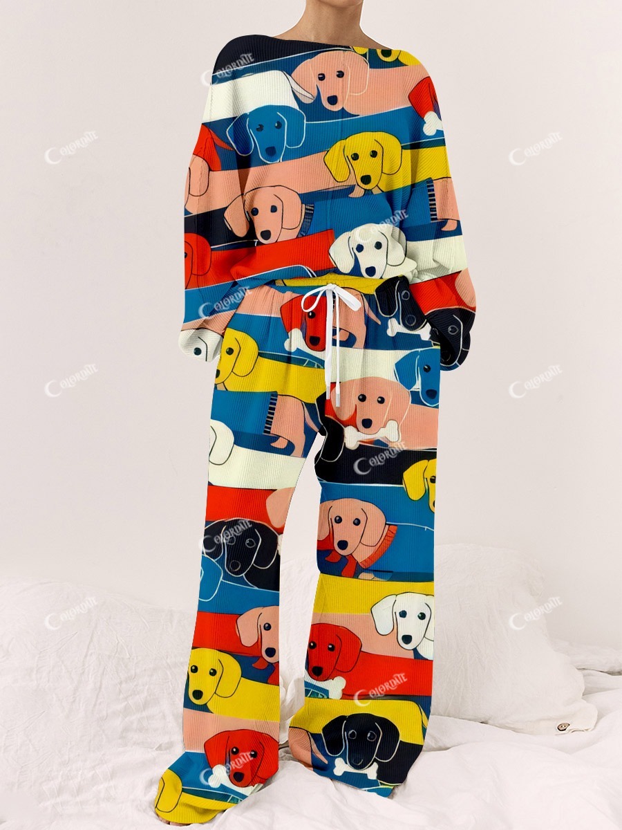 Women's Funny Dachshund Stripe Print Long Sleeve Leisure Suit