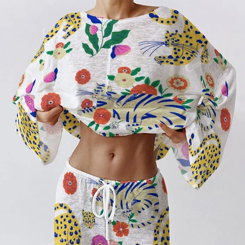 Colordate Women's Tigers And Leopards And Plant Print Long Sleeve Cotton Homewear Set