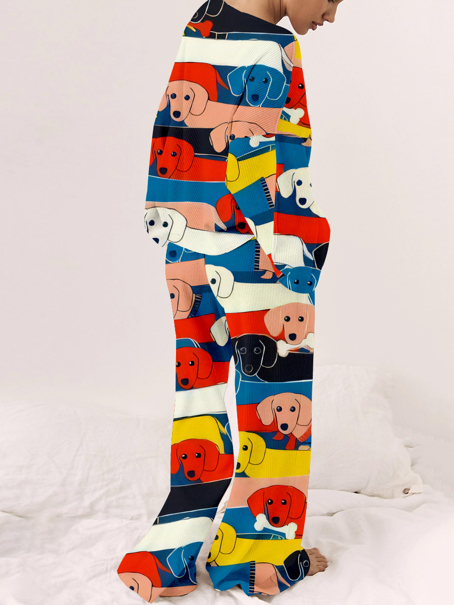Women's Funny Dachshund Stripe Print Long Sleeve Leisure Suit
