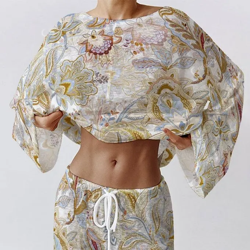 Colordate Women's Entwined Pattern Print Long Sleeve Cotton Homewear Set