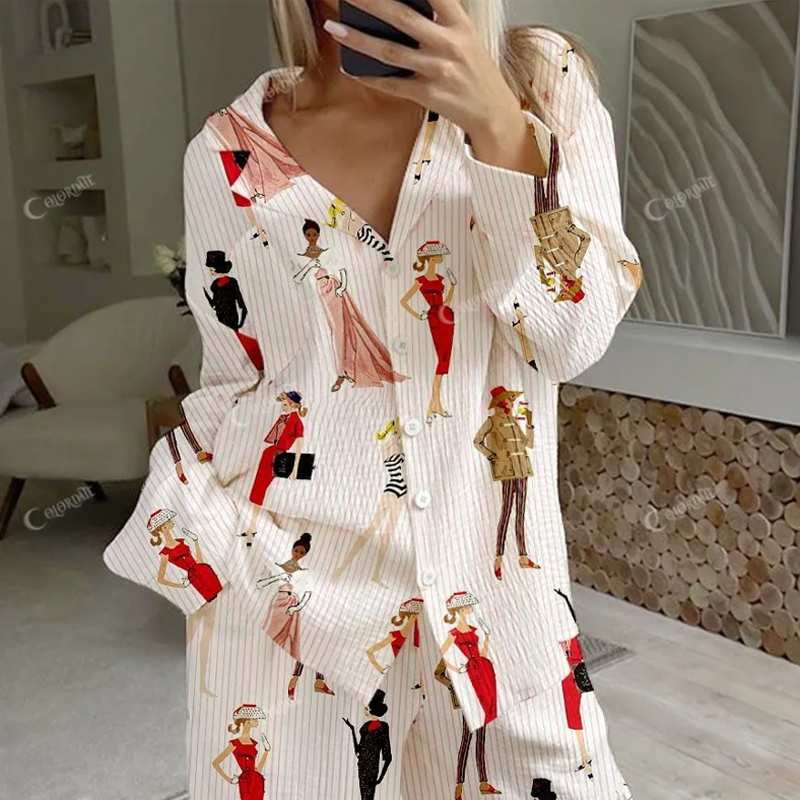 Women's Miss Santa Striped Print Cotton Cardigan Homewear Set
