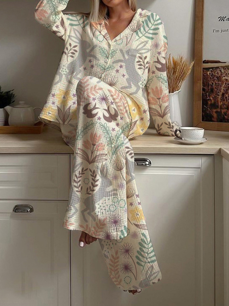 Women's Botanical Floral Art & Cute Animal Print Lapel Pajama Set