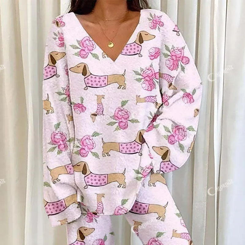 Women's Pink Dachshund Rose Print Fleece Suit