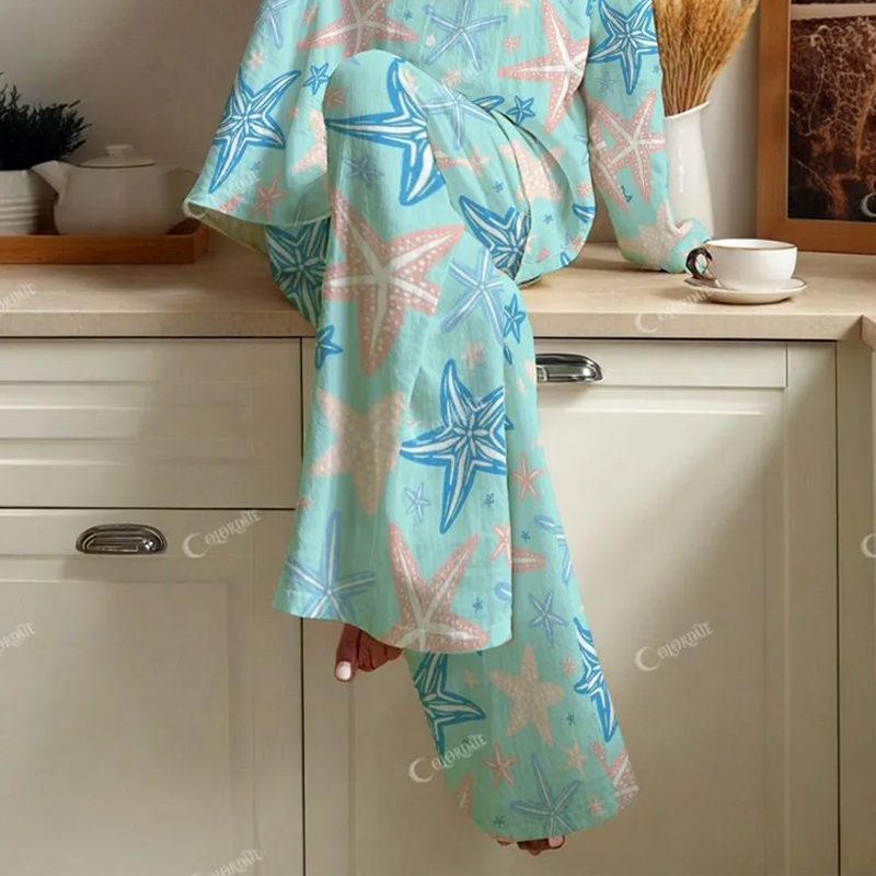 Colordate Women's Starfish Print Cotton Cardigan Homewear Set