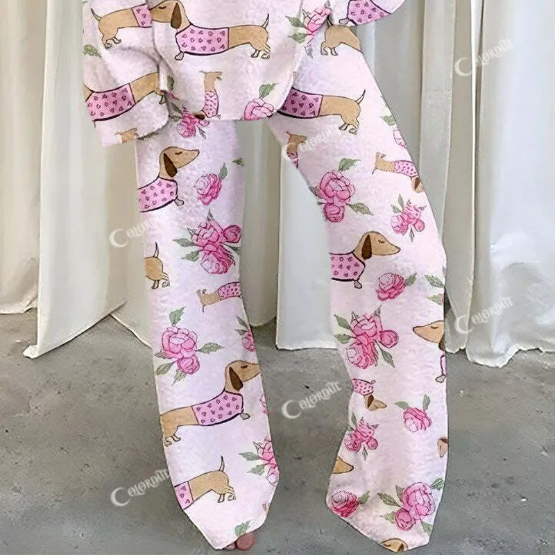 Women's Pink Dachshund Rose Print Fleece Suit