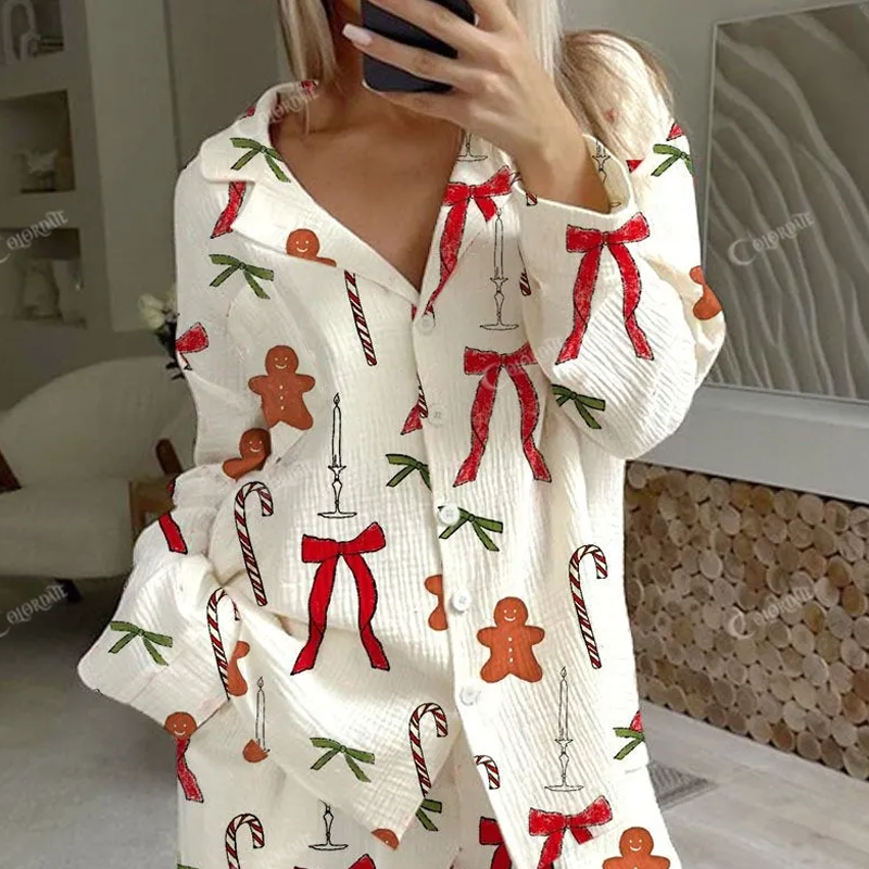 Ladies Christmas Cane Candy and Bow Pajama Set