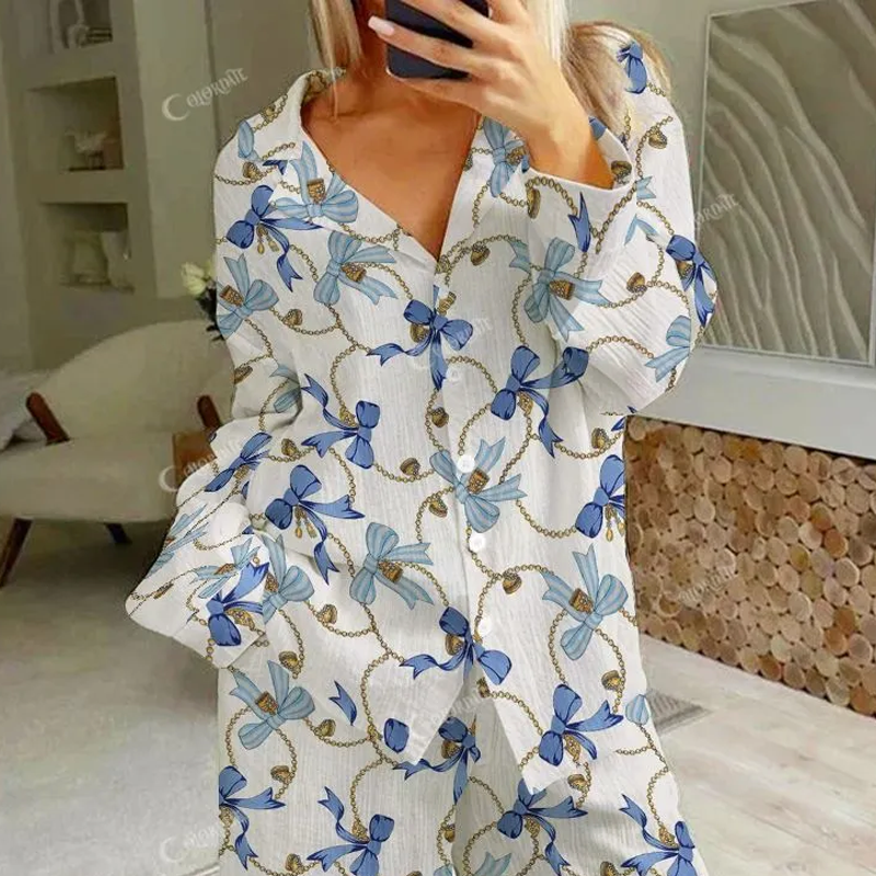 Colordate Women's Gold Chain With Blue Bow Print Cotton Cardigan Homewear Set