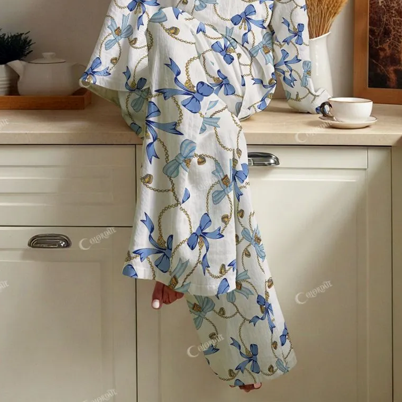 Colordate Women's Gold Chain With Blue Bow Print Cotton Cardigan Homewear Set