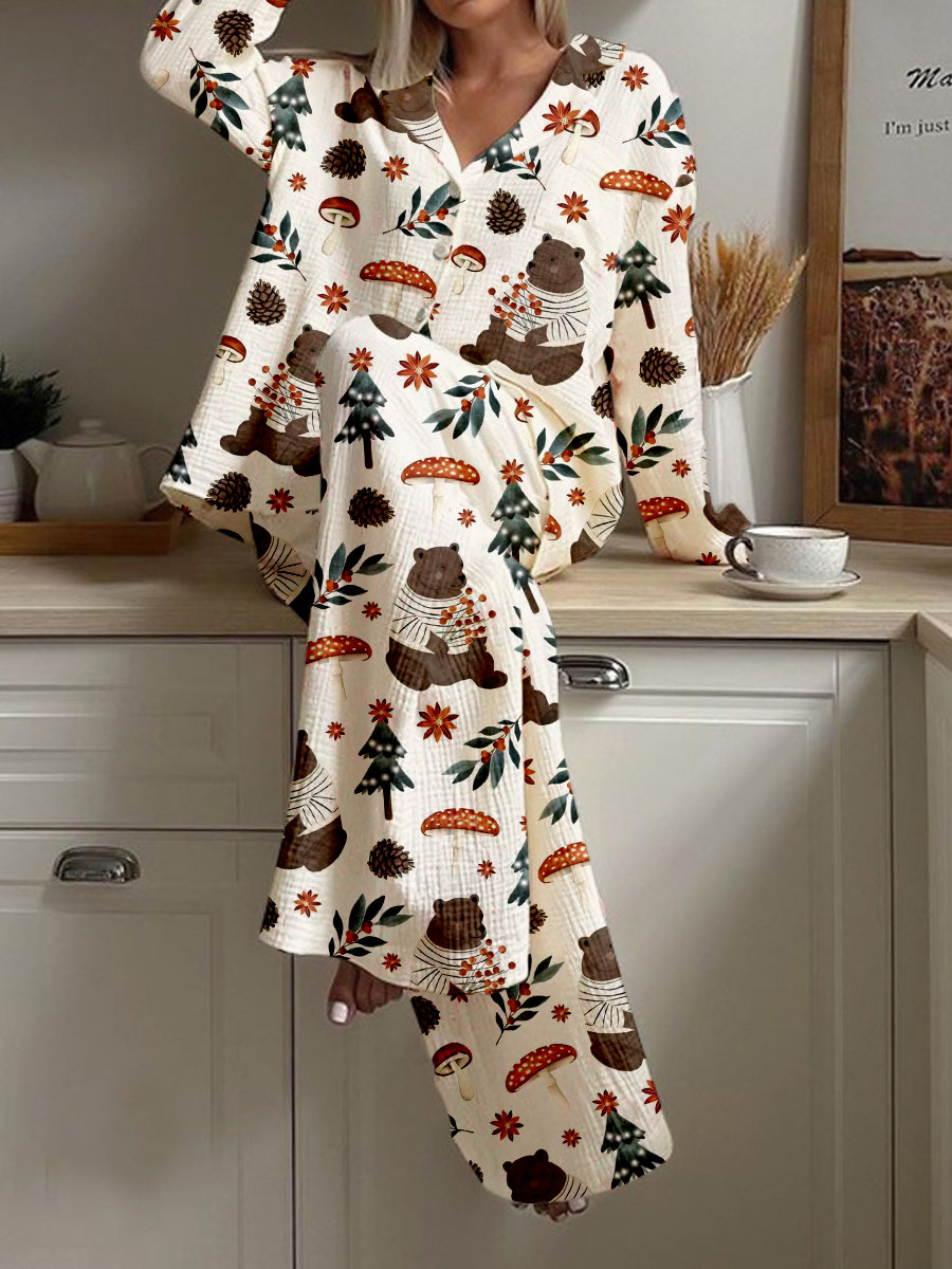 Women's Cute Forest Brown Bear Mushroom Print Cotton Cardigan Set