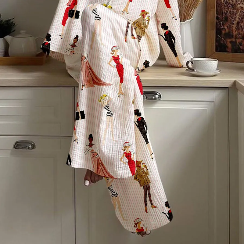 Women's Miss Santa Striped Print Cotton Cardigan Homewear Set