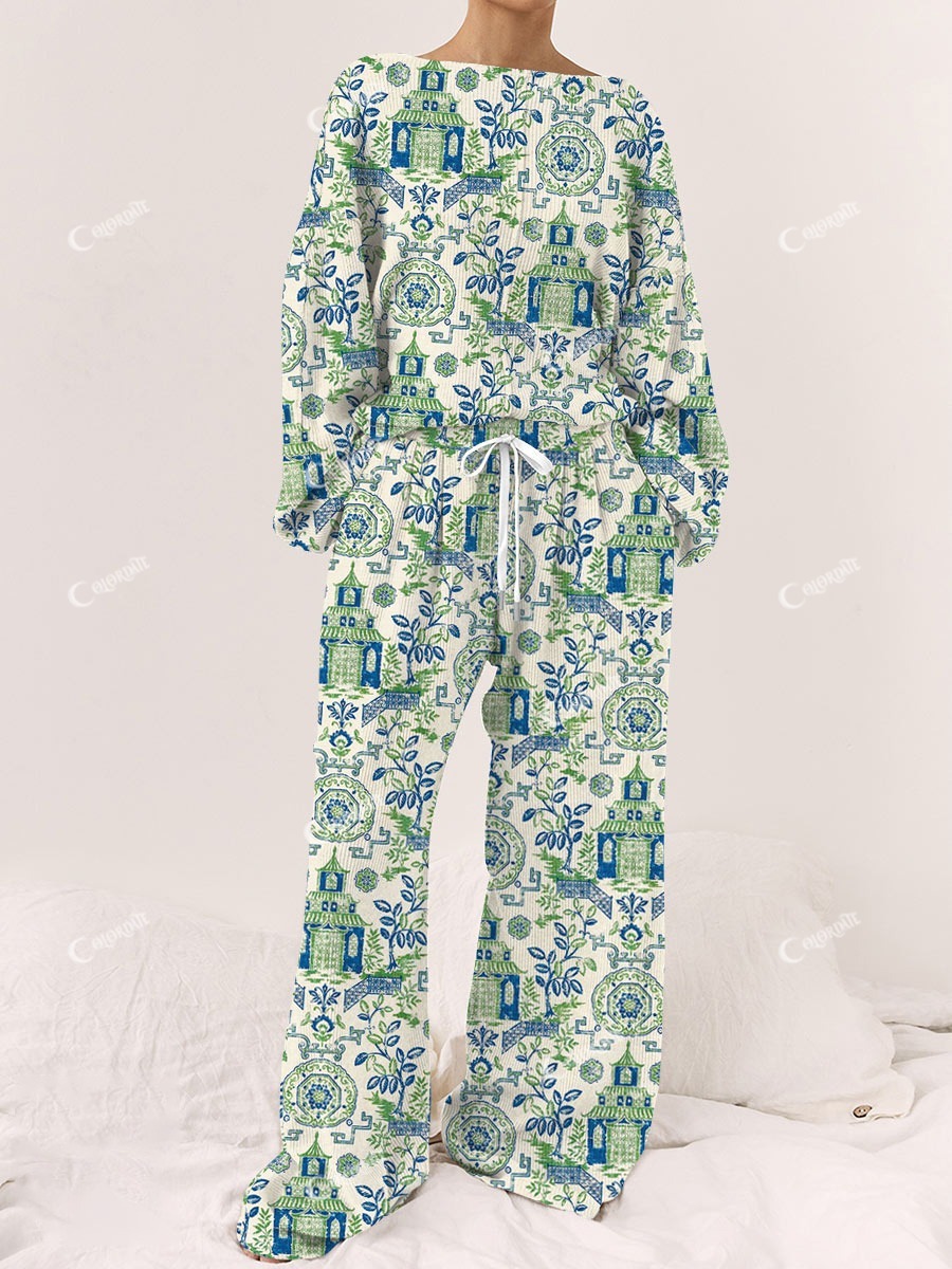 Women's Bohemian Art Painting Printed Home Long Sleeve Suit