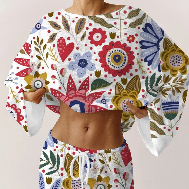 Women's Bohemian Art Floral Print Lounge Long Sleeve Suit