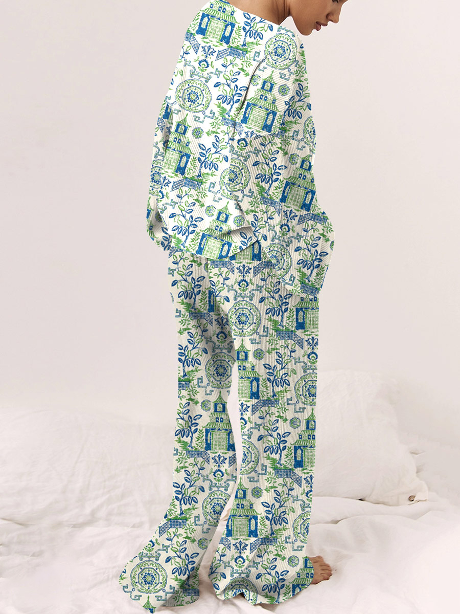 Women's Bohemian Art Painting Printed Home Long Sleeve Suit