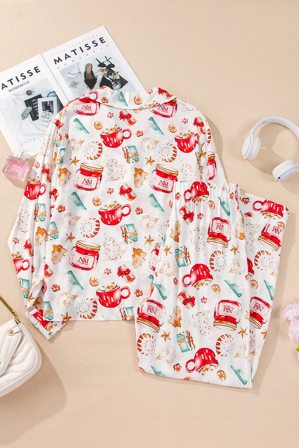 Women's Lapel Christmas Print Long Sleeve Pajama Set