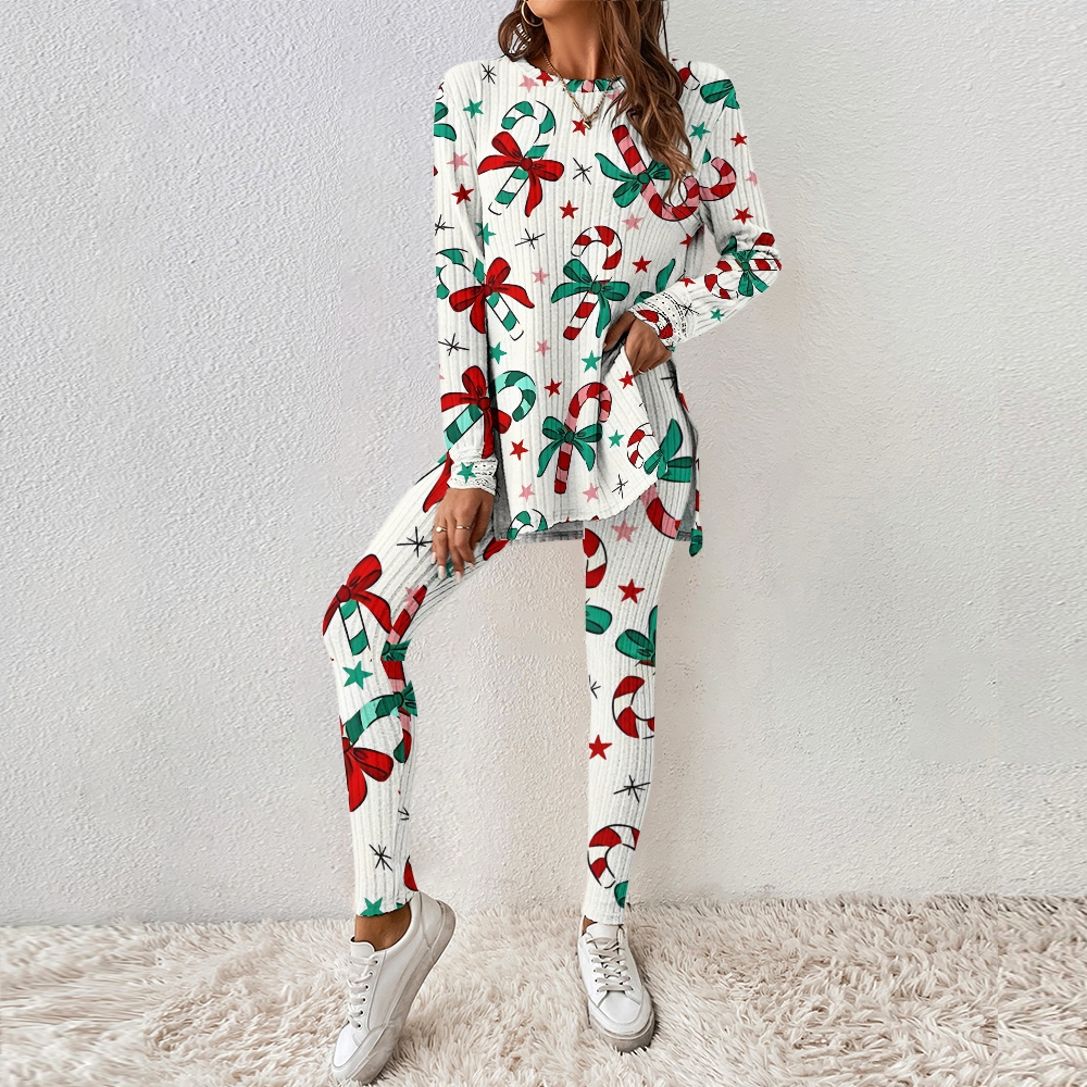 Women's Christmas Candy Cane Bow Print Striped Homewear Set