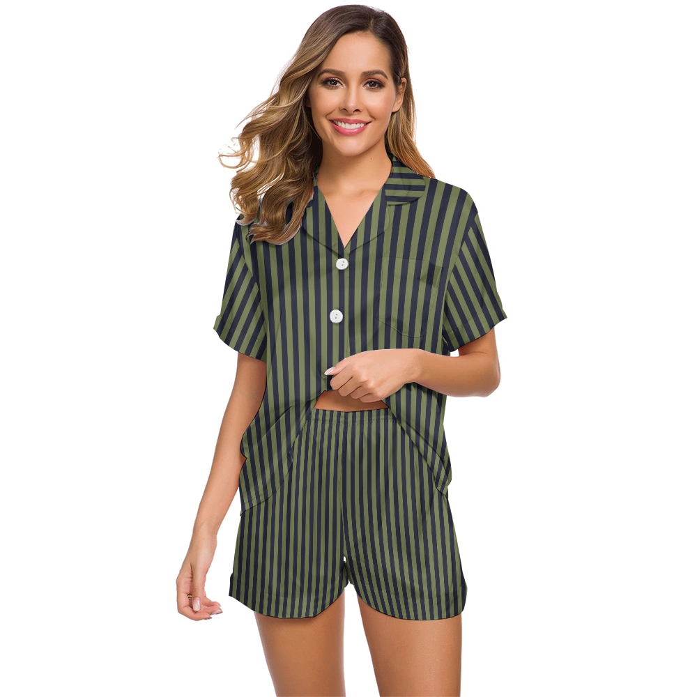 Women's Classic Striped Pattern Long Sleeve Shorts Set