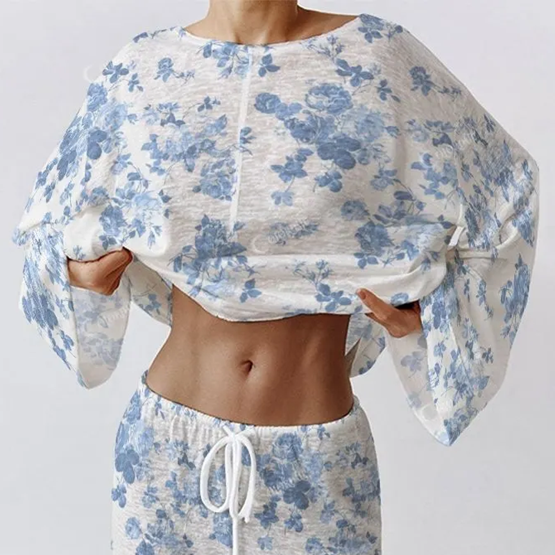 Colordate Women's Blue Floral Print Long Sleeve Cotton Homewear Set