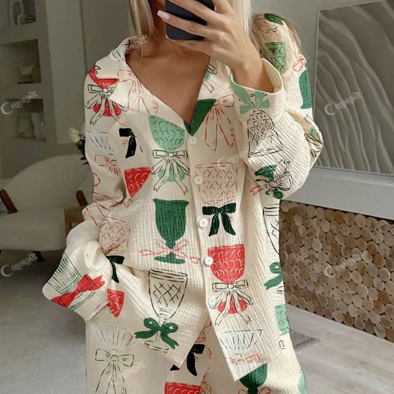 Women's Glass Bow Print Cotton Cardigan Homewear Set