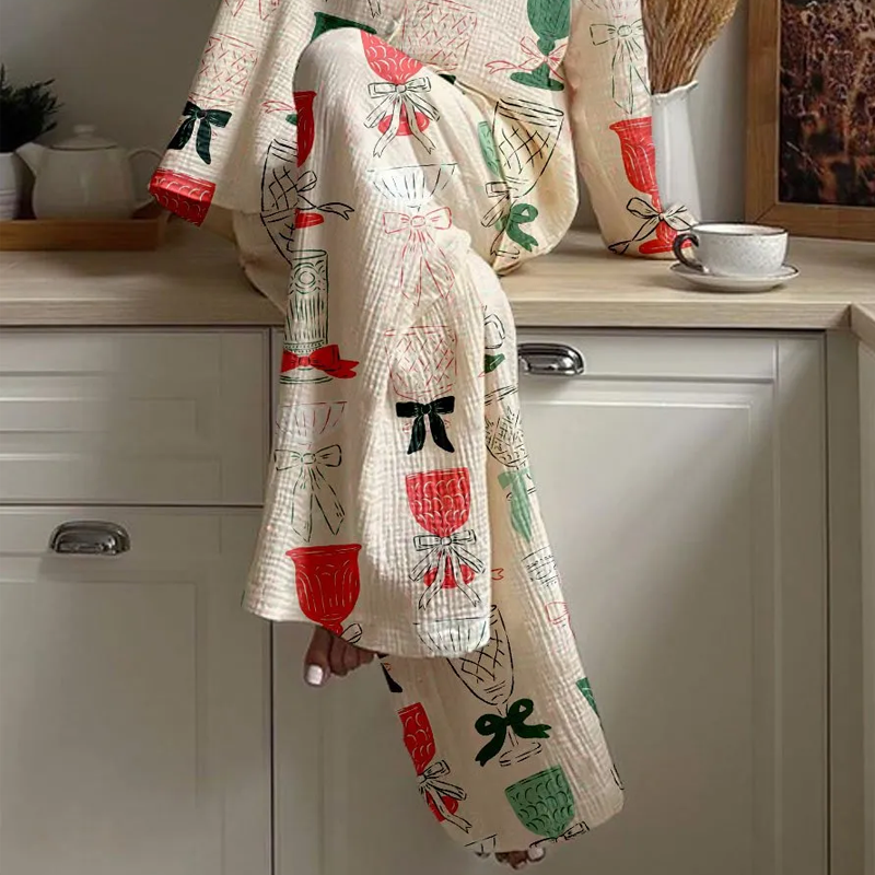 Women's Glass Bow Print Cotton Cardigan Homewear Set