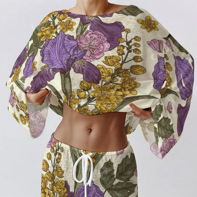 Colordate Women's Purple And Yellow Floral Prints Long Sleeve Cotton Homewear Set