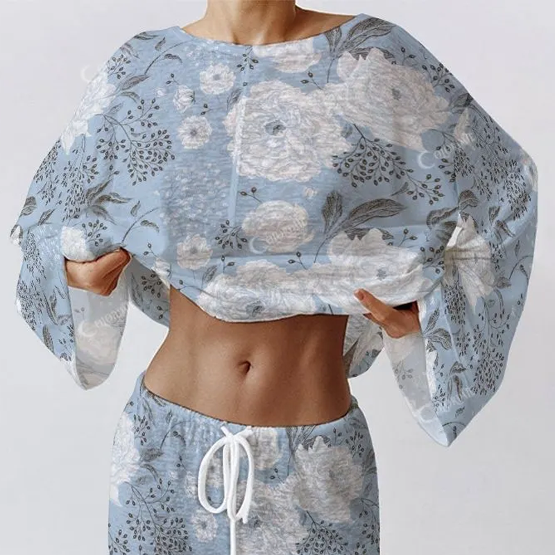 Colordate Women's White Peony Flower Long Sleeve Cotton Homewear Set