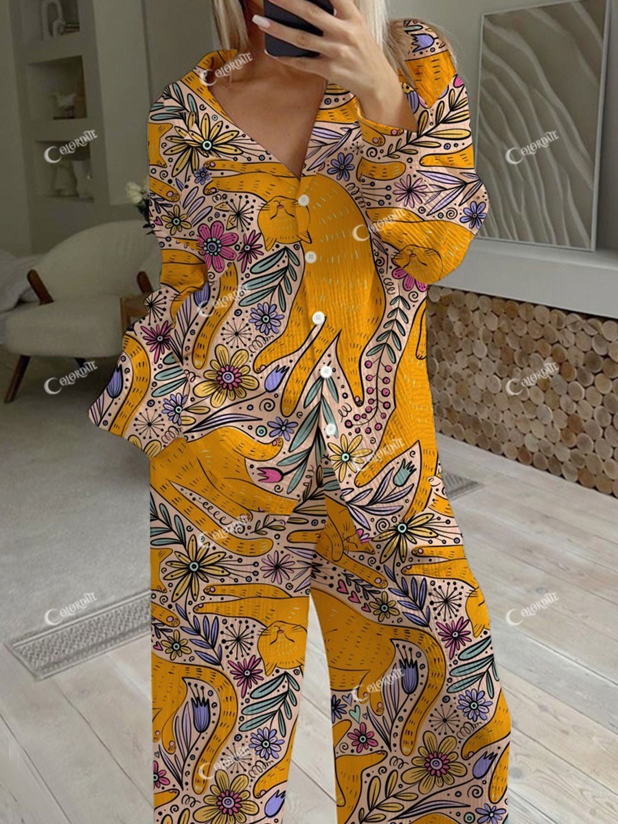 Women's Sunshine Cat Stretch Printed Lapel Neck Pajama Set