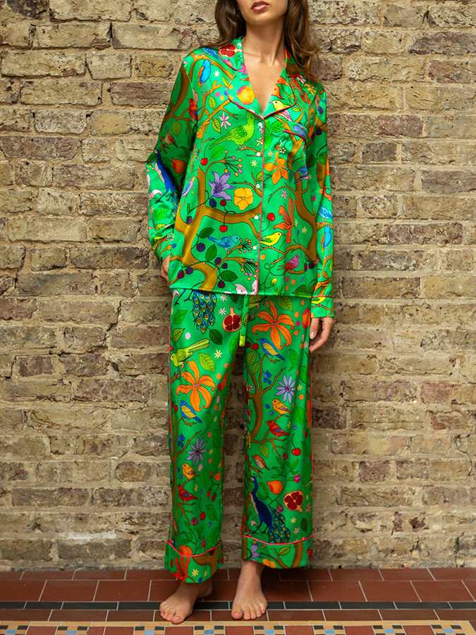 [Copy]Women's Lapel Wild Geese Print Long Sleeve Pajama Set