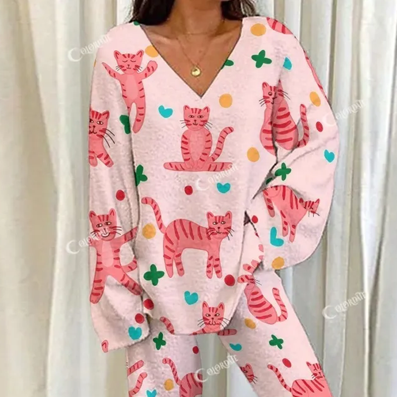Pink Casual Cartoon Cat Print Loungewear Set For Women