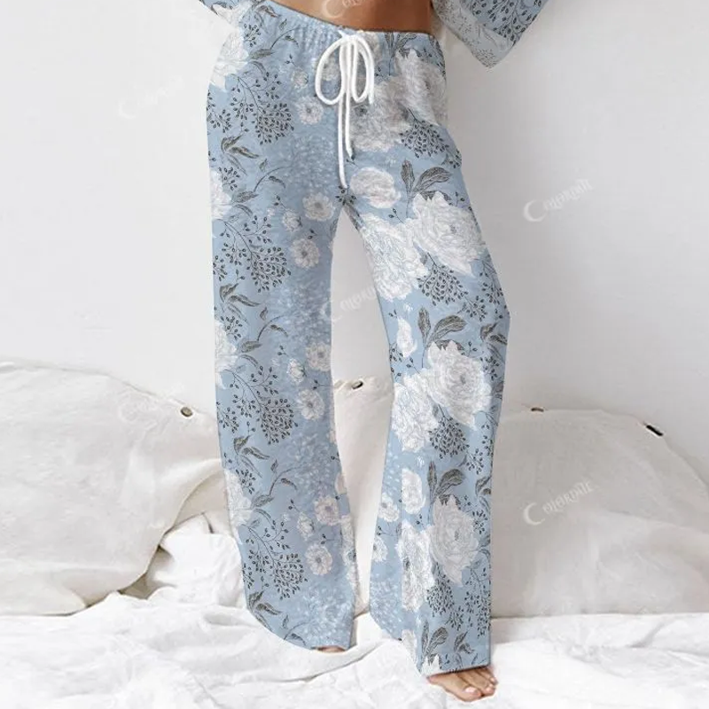 Colordate Women's White Peony Flower Long Sleeve Cotton Homewear Set