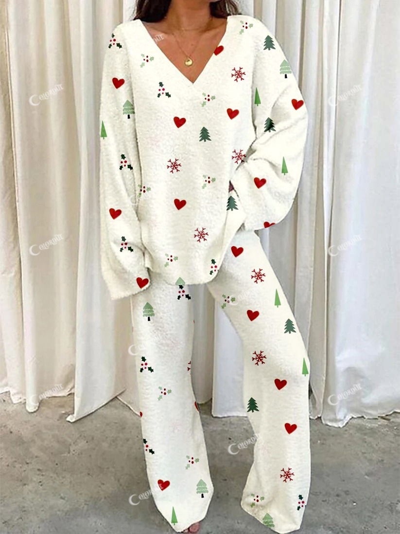 Women's Christmas Heart Print Home V Neck Long Sleeve Suit