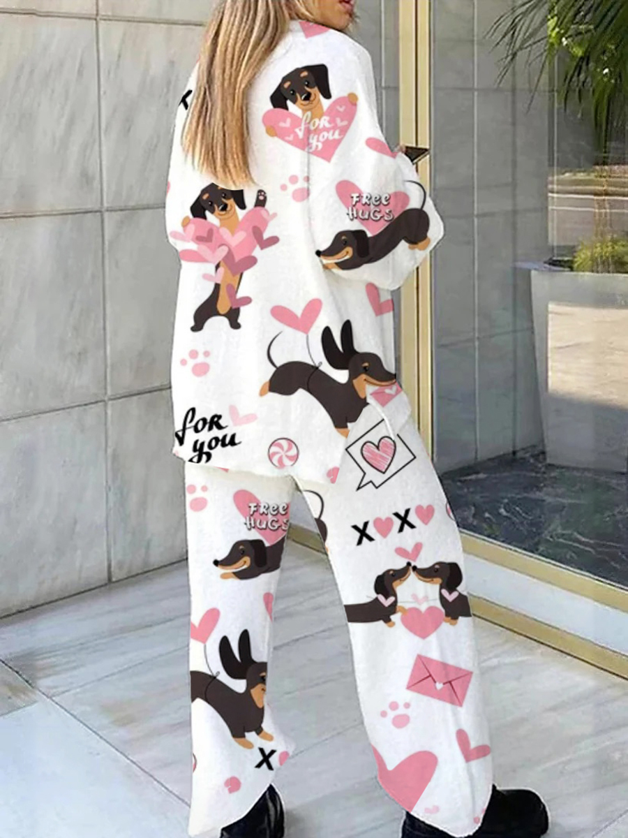 Women's Cartoon Dachshund Heart Printed Casual Homewear Set