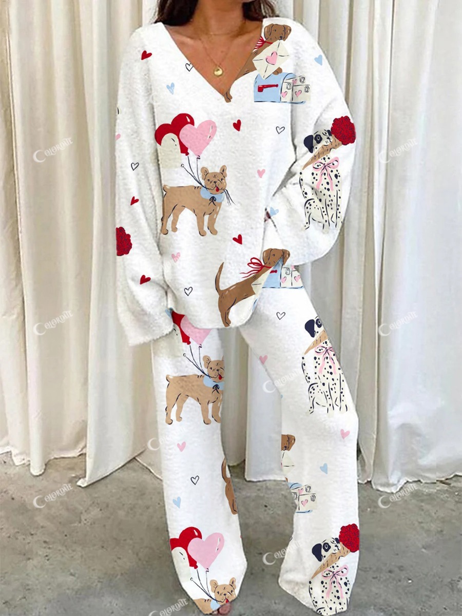 Women's cartoon Shar Pei heart-shaped print casual home wear suit