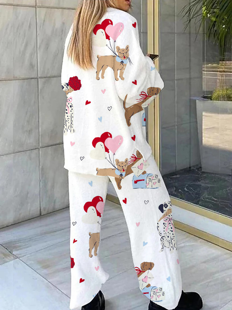 Women's cartoon Shar Pei heart-shaped print casual home wear suit