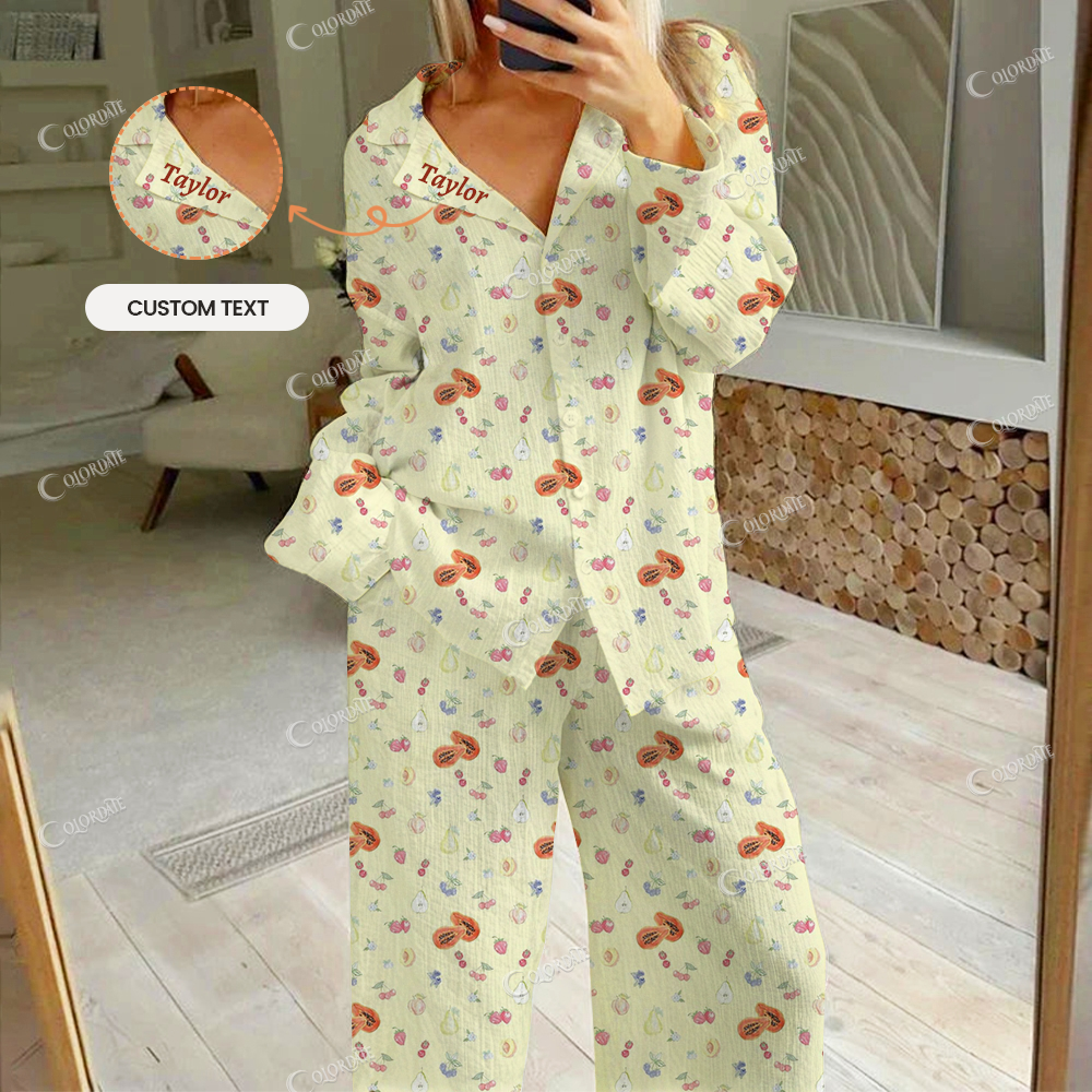 Custom Women's Fruit Print Cotton Cardigan Homewear Set