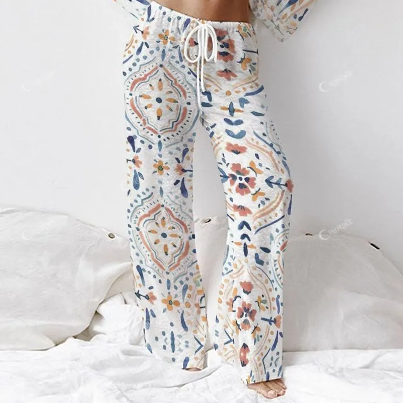 Women's Vintage Bohemian Flowers Long Sleeve Cotton Homewear Set