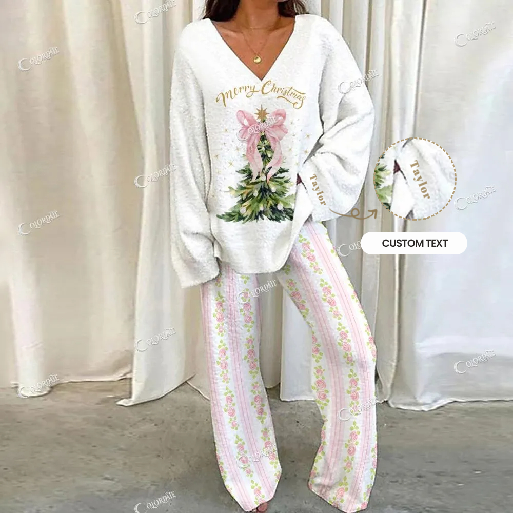 Custom Christmas Tree Striped Print  Loungewear Set For Women