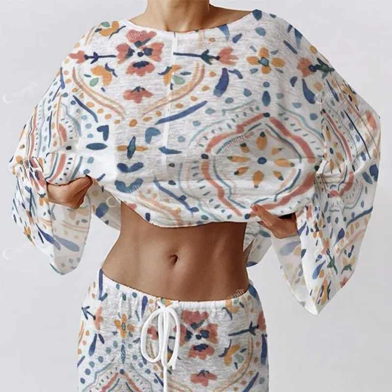 Women's Vintage Bohemian Flowers Long Sleeve Cotton Homewear Set