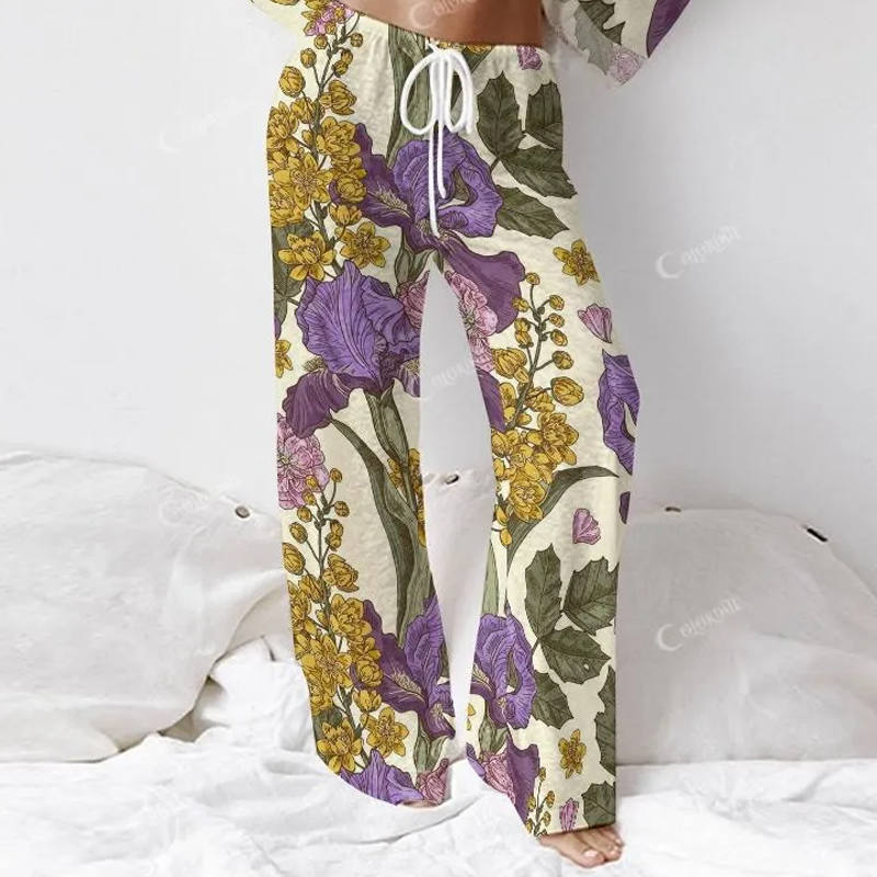 Colordate Women's Purple And Yellow Floral Prints Long Sleeve Cotton Homewear Set