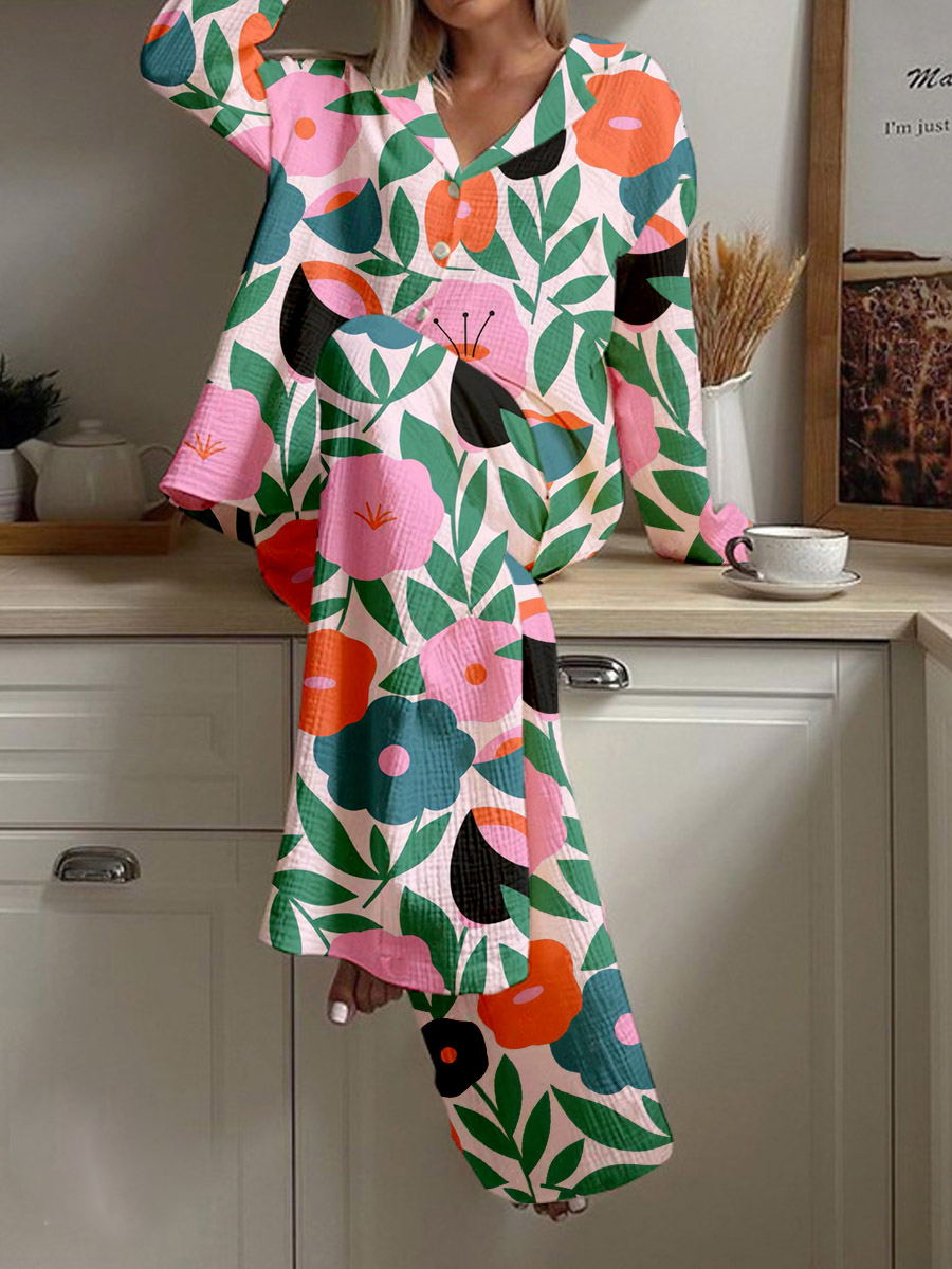 Women's Simple Floral Leaf Print Cotton Cardigan Set