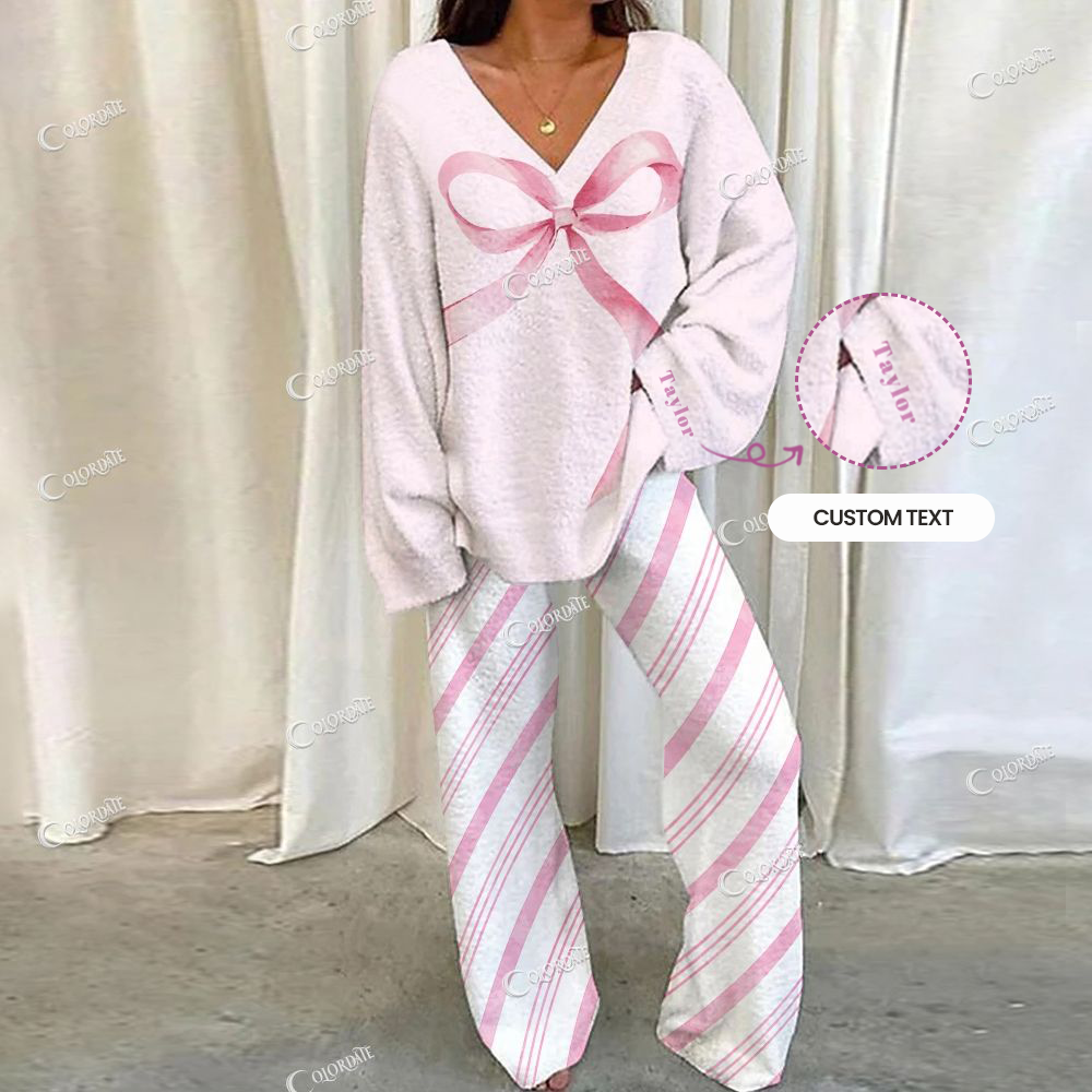 Custom  Diagonal Striped Bow Pink Print  Loungewear Set For Women