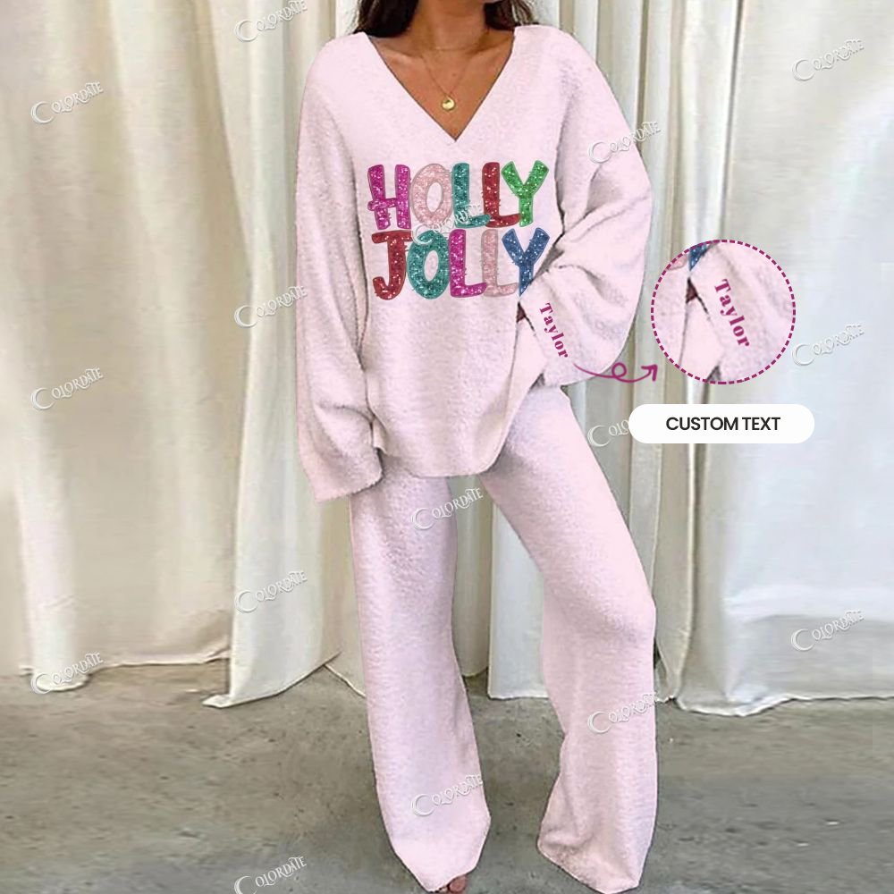 Custom Holly Jolly Pink Women's Romantic Bow Heart Blue  Print Long Sleeve Pajama Set